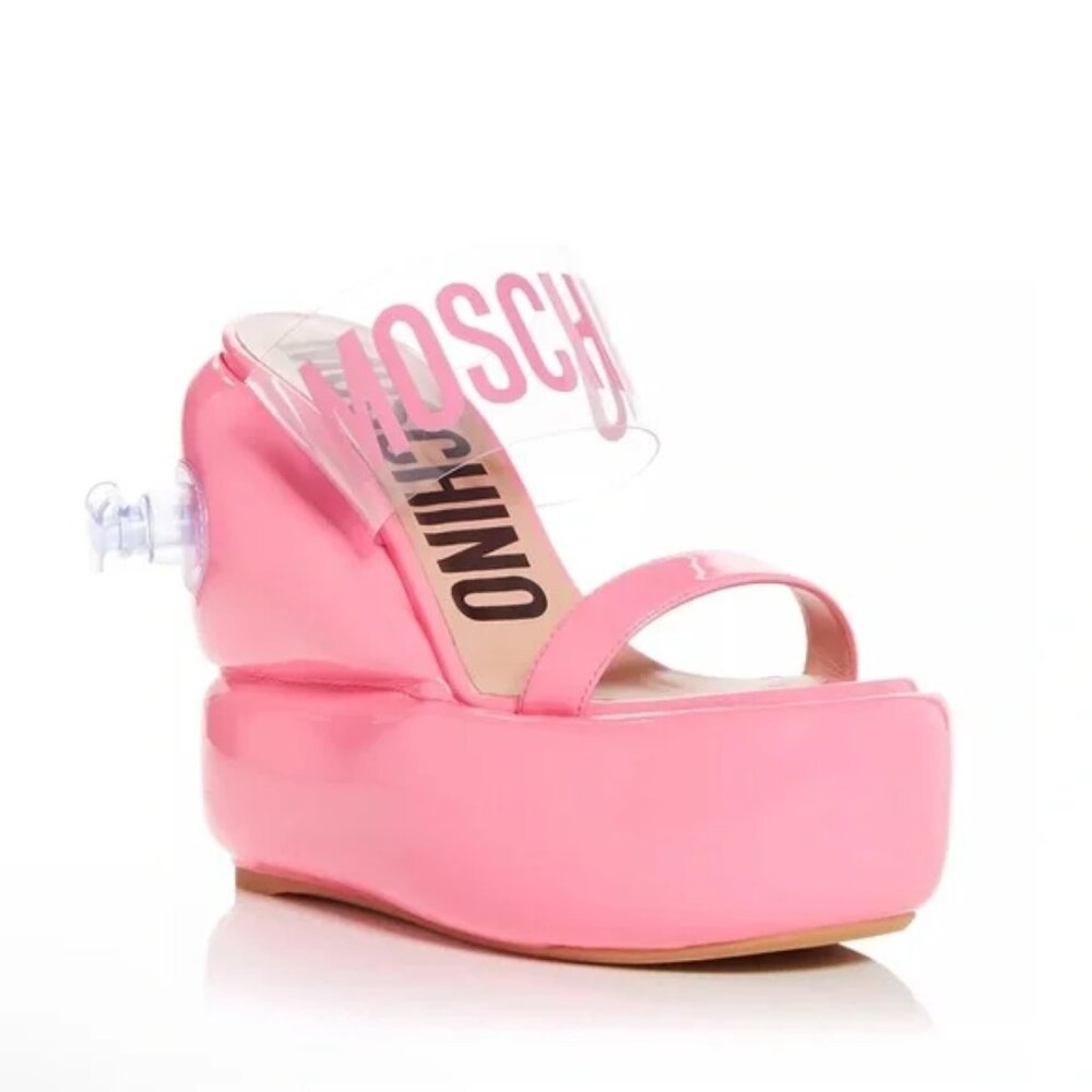Moschino Couture Blow Up Logo Barbie Pink Wedge Puffy Balloon Sandal Heels